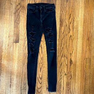 American Eagle High Rise Ripped Black Jeans Slight blemish- Size 0 EXTRA LONG